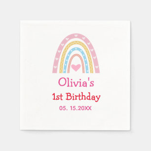 Pastel Rainbow with hearts First birthday party   Napkin