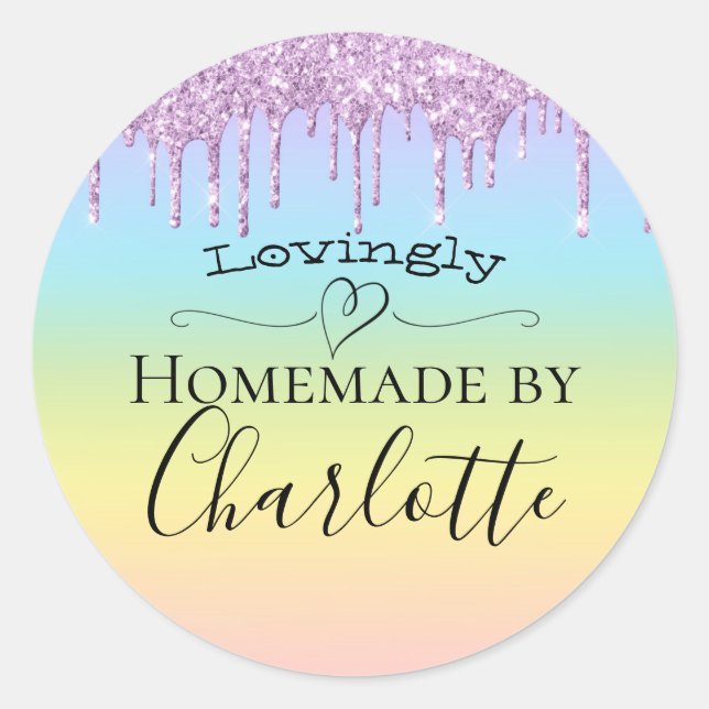 Pastel Rainbow with Pink Glitter Drips Homemade By Classic Round Sticker (Front)