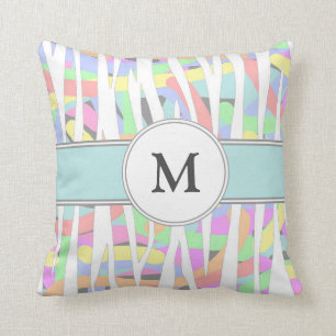 Pastel Rainbow Zebra Print Custom Monogram Cushion