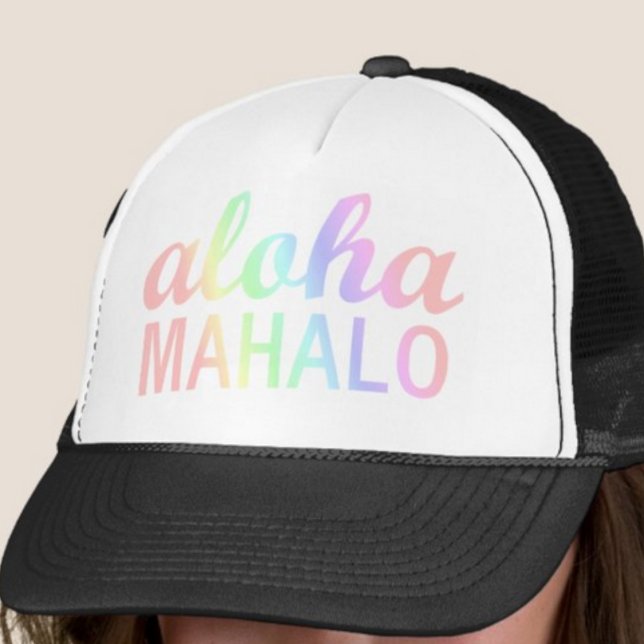 Pastel Rainbows Aloha Mahalo Hawaiian Trucker Hat ("Everyday is abundantly beautiful." 
Sincerely Best Wishes from Lucky Design World)