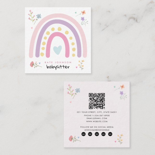 Pastel Rainbows Girly Wildflowers Babysitter  Square Business Card (Front/Back)