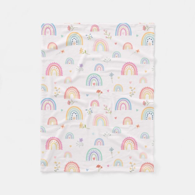 Pastel Rainbows Girly Wildflowers & Hearts Fleece Blanket (Front)
