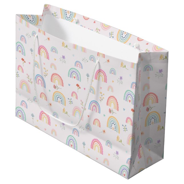Pastel Rainbows Girly Wildflowers & Hearts Large Gift Bag (Front Angled)