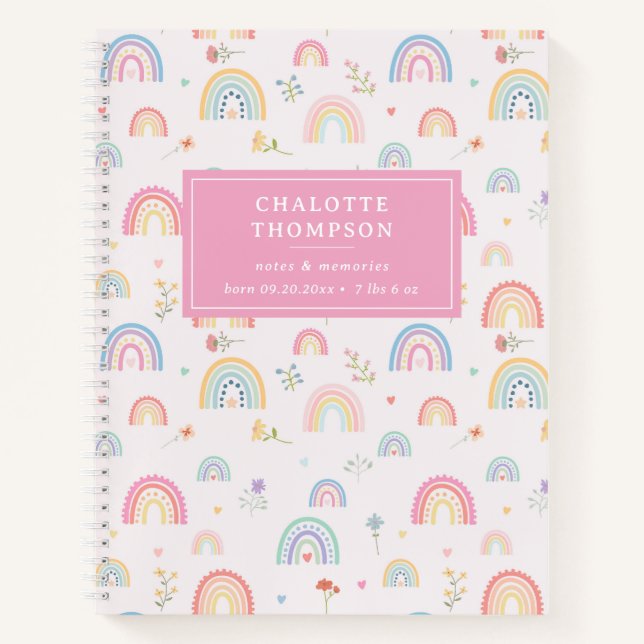 Pastel Rainbows Girly Wildflowers & Hearts Notebook (Front)