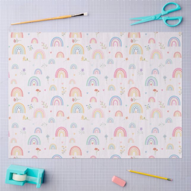 Pastel Rainbows Girly Wildflowers & Hearts Tissue Paper (Craft)