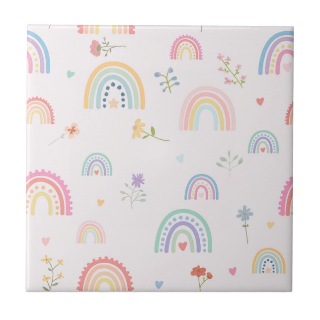 Pastel Rainbows Wildflowers Hearts Girly Nursery Tile (Front)