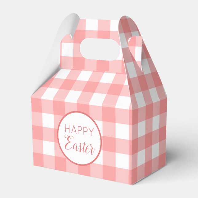 Pastel Raspberry Red Happy Easter Plaid Pattern Favour Box (Front Side)