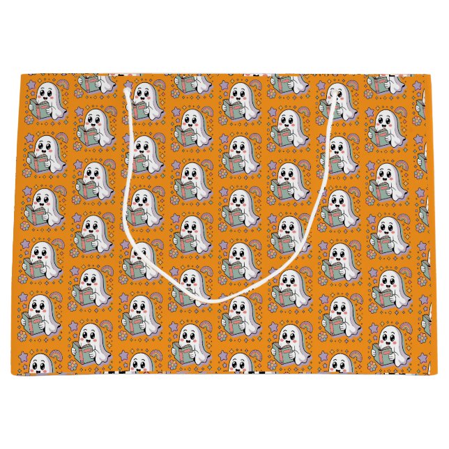 Pastel Reading Book Retro Ghosts Kawaii Pattern Large Gift Bag (Front)