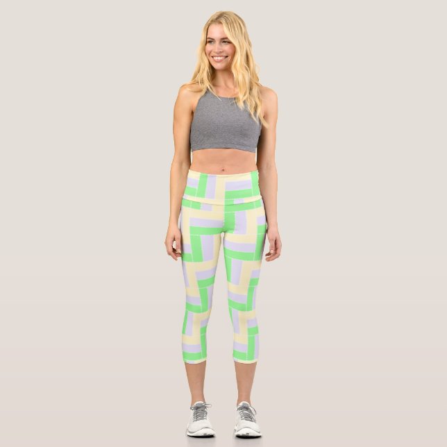 Pastel Rectangles Pattern White Dashed Lines Capri Leggings (Front)