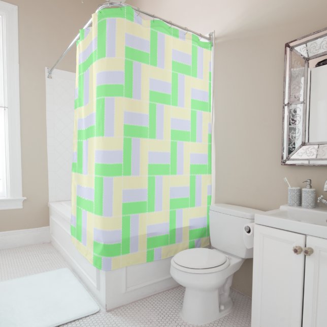 Pastel Rectangles Pattern White Dashed Lines Shower Curtain (In Situ)