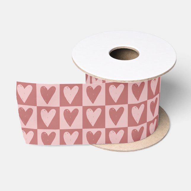 Pastel Red and Pink Chequered Hearts Pattern Satin Ribbon (Spool)