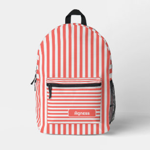 Pastel Red and White Vintage Striped Name Printed Backpack