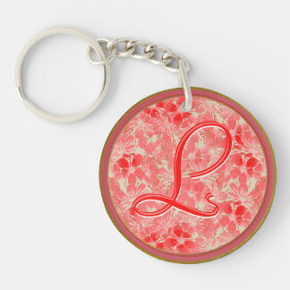 Pastel Red Flower Blossoms on Cream - Monogrammed Key Ring