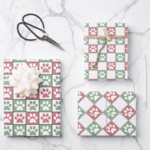 Pastel Red Green and White Dog Paw Print pattern Wrapping Paper Sheet