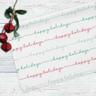 Pastel Red Green Happy Holidays Script Christmas Tea Towel