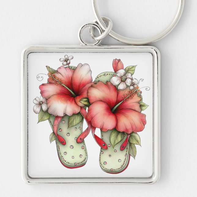 PASTEL RED & GREEN SUMMER FLIP FLOPS KEY RING (Front)