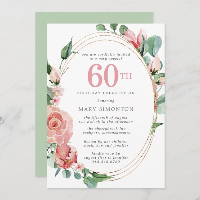 Pastel Red Rose Floral 60th Birthday Party Invitation (Front/Back)