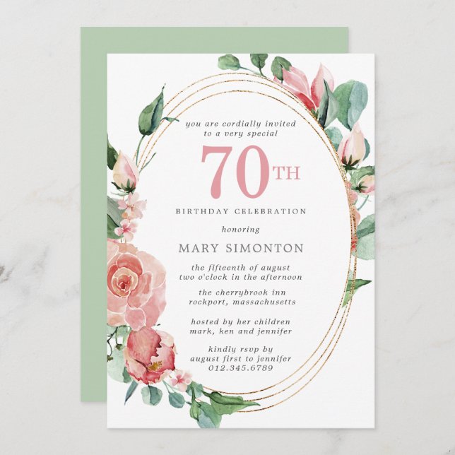 Pastel Red Rose Floral 70th Birthday Party Invitation (Front/Back)