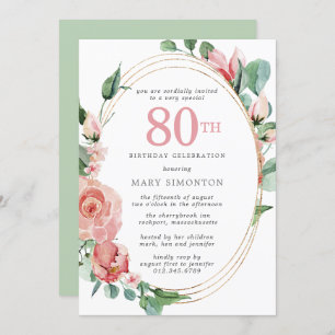 Pastel Red Rose Floral 80th Birthday Party Invitation
