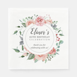 Pastel Red Rose Floral 80th Birthday Thank You Napkin