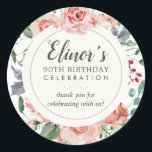 Pastel Red Rose Floral 90th Birthday Thank You Classic Round Sticker<br><div class="desc">So pretty. Decorate your party favours with this pastel red rose floral sticker. The birthday woman's name is written in a modern script font. 90th Birthday Celebration is written in a classic font combination. The thank you sentiment can be personalised. It is written in a pretty script text. A light...</div>