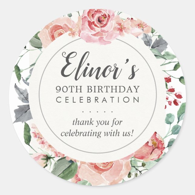 Pastel Red Rose Floral 90th Birthday Thank You Classic Round Sticker (Front)