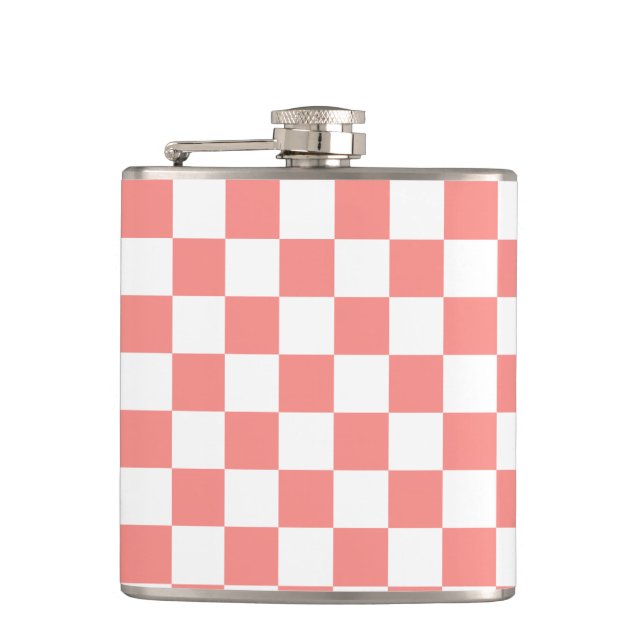 Pastel Red White Chequered Chequerboard Vintage Hip Flask (Front)