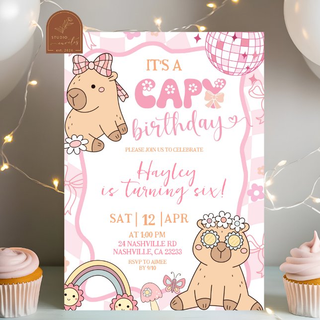 Pastel Retro Capybara Girl Birthday party Invitation (Creator Uploaded)