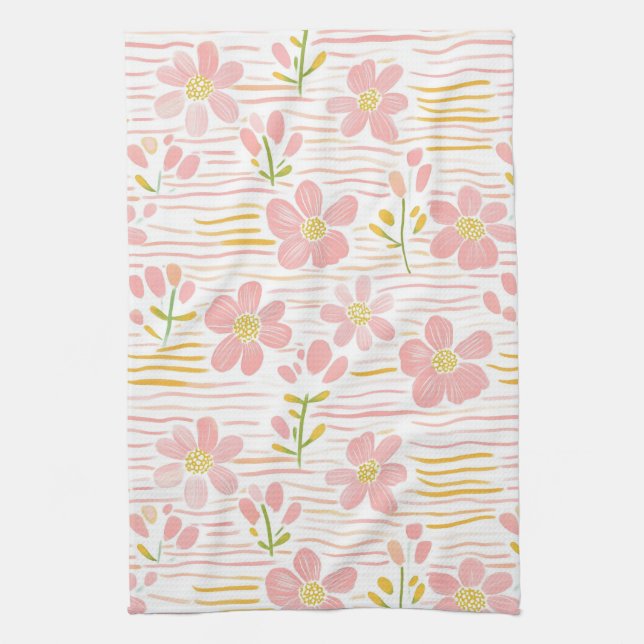 Pastel Retro Floral (6) Tea Towel (Vertical)