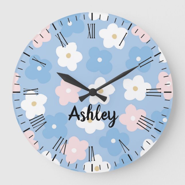Pastel Retro Flowers on Blue Large Clock (Front)