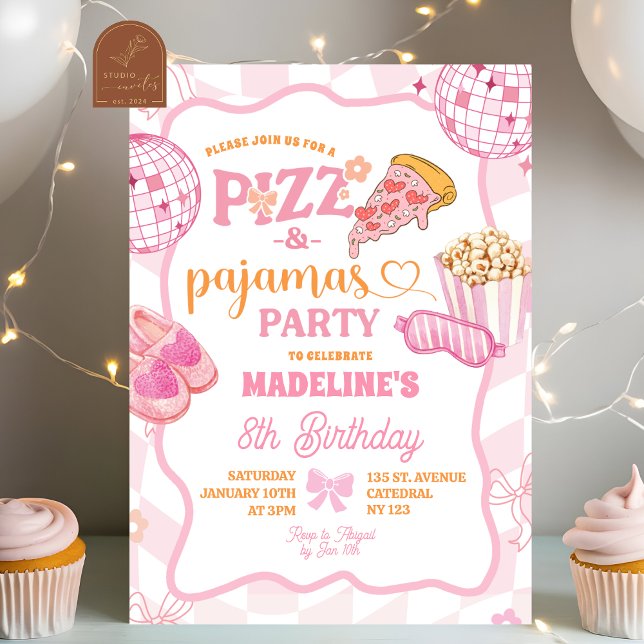 Pastel Retro Pizza and Pyjamas Party Invitation (Creator Uploaded)