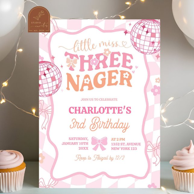 Pastel Retro Rainbow Little Miss Threenager Invitation (Creator Uploaded)