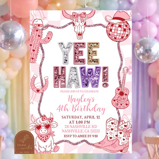 Pastel Retro Sequins Yeehaw Cowgirl Birthday party Invitation (Creator Uploaded)