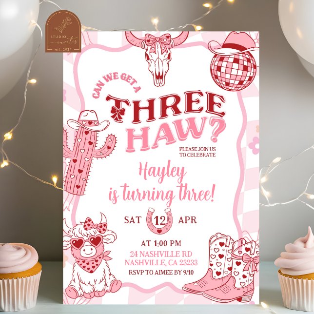 Pastel Retro Threehaw Cowgirl Birthday party Invitation (Creator Uploaded)