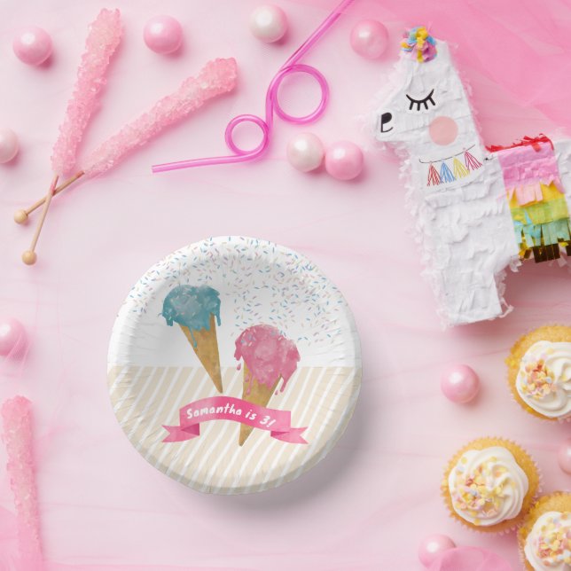 Pastel Retro Watercolor Ice Cream & Sprinkles  Paper Plate (Party)