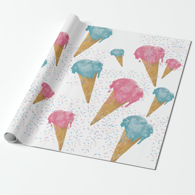 Pastel Retro Watercolor Ice Cream & Sprinkles  Wrapping Paper (Unrolled)