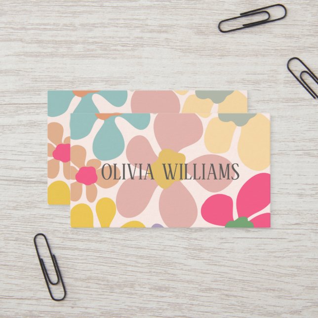 Pastel Retro Wavy Flowers Business Card (Front/Back In Situ)