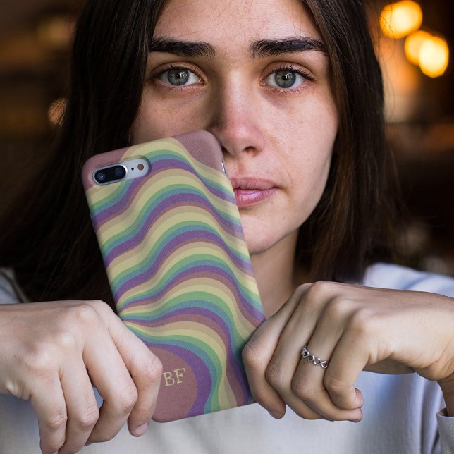 Pastel Retro Wavy Rainbow Lines Monogram Initials Case-Mate iPhone Case (Creator Uploaded)