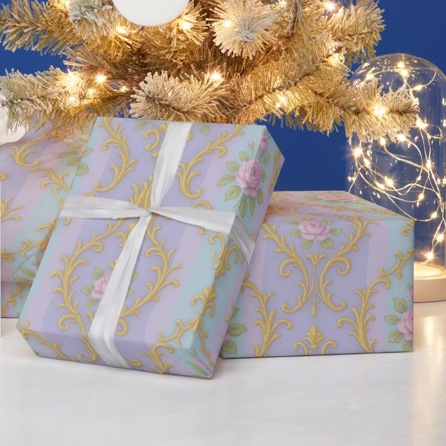 Pastel Rococo Damask – Antique Gold & Roses Wrapping Paper (Holidays)