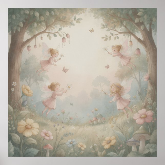 Pastel Rococo Fairy Garden Whimsical Nursery Mural Poster (Front)