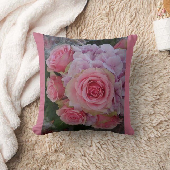 Pastel Rose and Hydrangea Flowers Throw Pillow (Blanket)