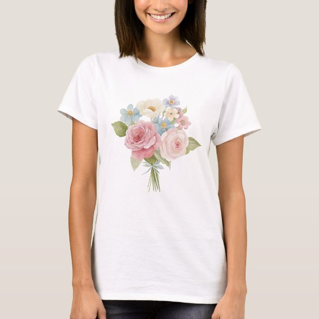 Pastel Rose and Wildflower Watercolor Bouquet T-Shirt (Front)
