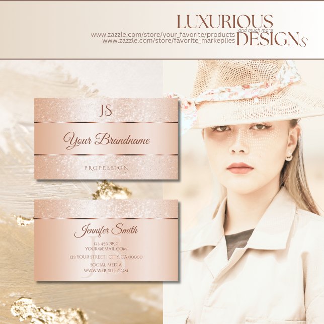 Pastel Rose Coral Sparkling Glitter and Initials Business Card (Creator Uploaded)