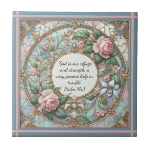 Pastel Rose Garden Rose Lined Frame Blue Back Tile