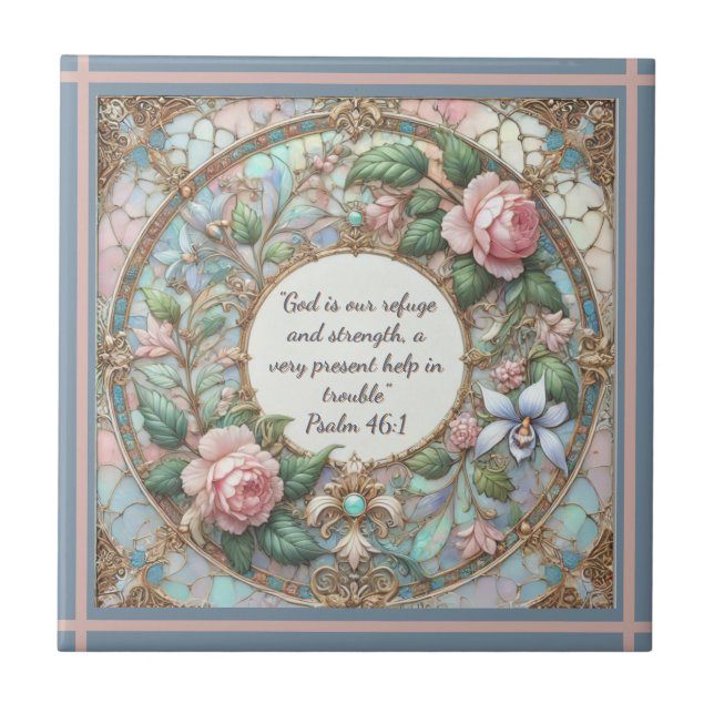 Pastel Rose Garden  Rose Lined Frame Blue Back Tile (Front)