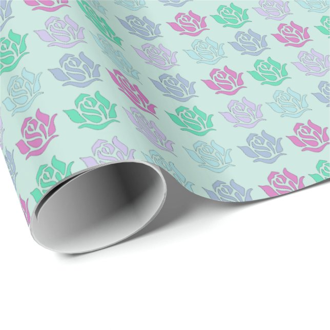 Pastel Rose Pattern Blue Wrapping Paper (Roll Corner)