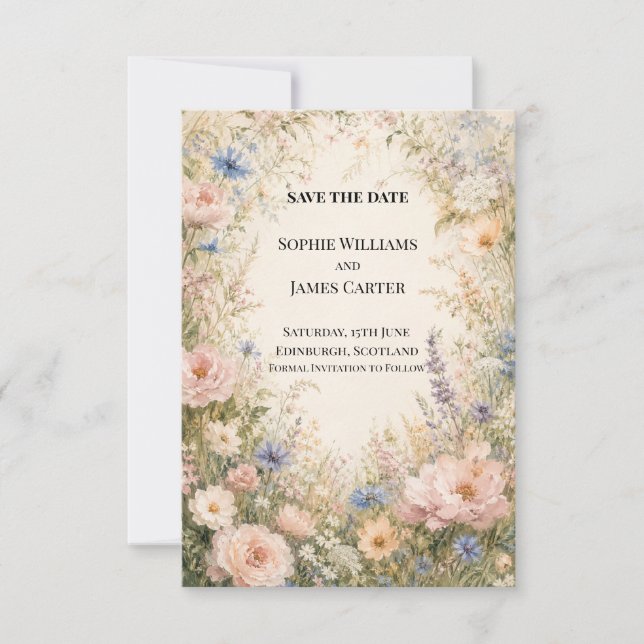 Pastel Rose Wildflower Meadow Save The Date (Front)