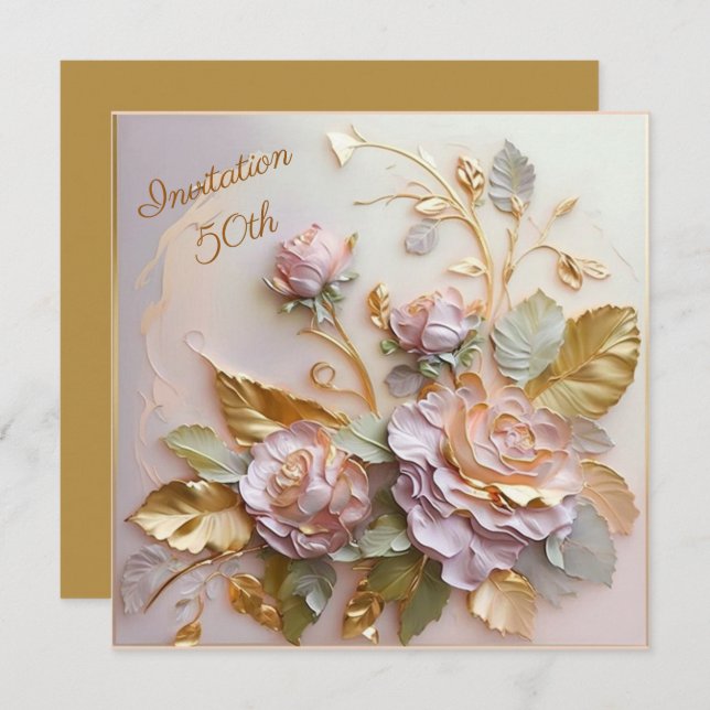 Pastel Rosegold Roses  50th Invitation (Front/Back)