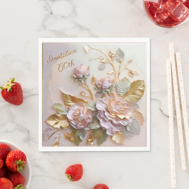 Pastel Rosegold Roses  60th Invitation Napkin (Insitu)