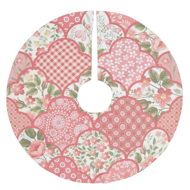 Pastel Roses Floral Patchwork Pattern Brushed Polyester Tree Skirt (Front)